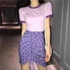Contrast Trim T-shirt / High-waist Drawstring Plaid Skirt
