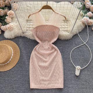 Sleeveless V-neck Dotted Mesh Dress