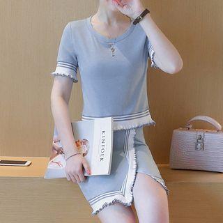 Set: Striped Short-sleeve T-shirt + Striped Pencil Skirt