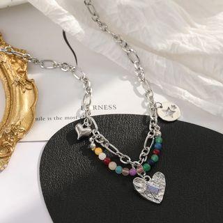 Heart Pendant Bead Alloy Necklace Silver - One Size