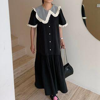 Elbow-sleeve Collared Two-tone Midi A-line Dress Black & White - One Size