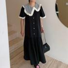 Elbow-sleeve Collared Two-tone Midi A-line Dress Black & White - One Size