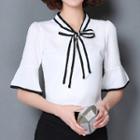 Contrast Trim Tie-neck Elbow-sleeve Chiffon Blouse
