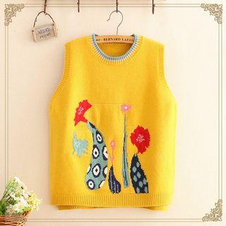 Flower Print Round-neck Knit Vest