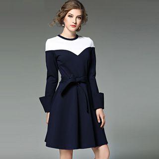 Two-tone Long-sleeve Midi Dress