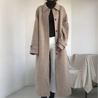Single Breast Woolen Long Coat Oatmeal - One Size