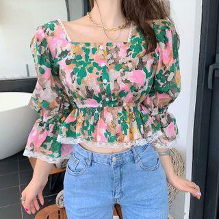 Lace Trim Bell-sleeve Cropped Peplum Blouse