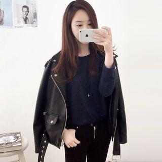 Faux-leather Lapel Zip Jacket