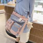 Set: Letter Embroidered Multi-pocket Crossbody Bag + Bag Charm
