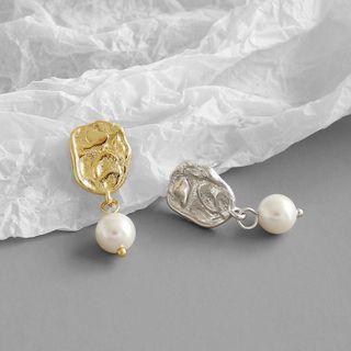 925 Sterling Silver Irregular Disc Faux Pearl Dangle Earring