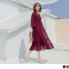 V-neck 3/4 Sleeve Chiffon Dress