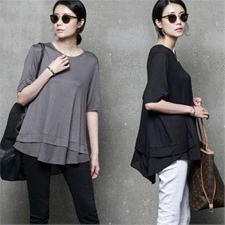 Layered-hem Silky T-shirt