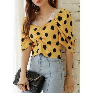 Off-shoulder Shirred Dotted Crop Top