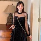 Long-sleeve Midi Layered Mesh Dress Black - One Size