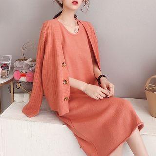 Set: V-neck Cardigan + Plain Knit Tank Dress
