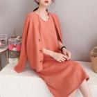 Set: V-neck Cardigan + Plain Knit Tank Dress