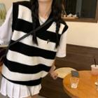 V-neck Striped Sweater Vest Black & White - One Size