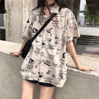 Pocket Short-sleeve Printed Shirt As Shown In Figure - One Size