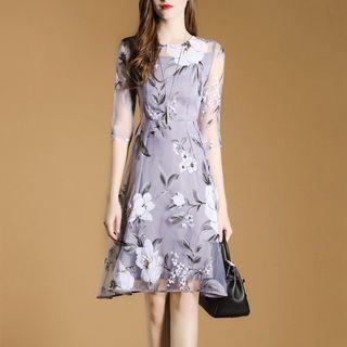 3/4-sleeve Floral Print Crewneck Chiffon A-line Sheath Slim Dress
