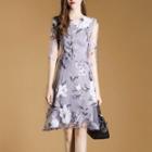 3/4-sleeve Floral Print Crewneck Chiffon A-line Sheath Slim Dress