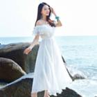 Off-shoulder Ruffle Trim Maxi A-line Dress