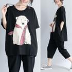 Elbow-sleeve Bear Print T-shirt Black - One Size