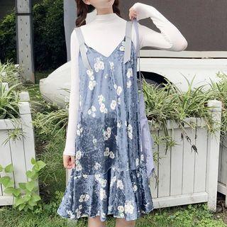 Set : Plain Long-sleeve Top + Floral Print Sleeveless Dress