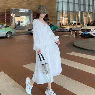 Plain V-neck Long-sleeve Midi A-line Dress White - One Size