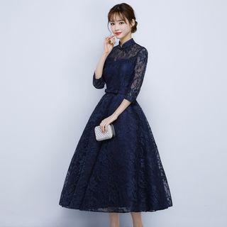 3/4-sleeve Stand-collar Cocktail Dress