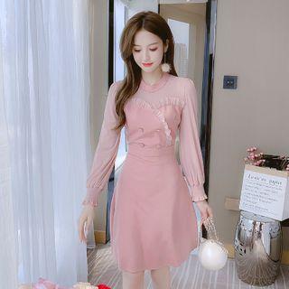 Long-sleeve Double-breasted Frill Trim A-line Dress