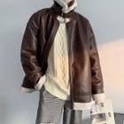 Fleece-lined Buckled Faux Leather Zip Jacket