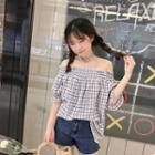 Plaid Off-shoulder Short-sleeve Blouse