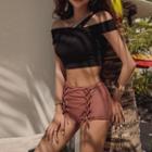 Set: Off-shoulder Bikini Top + Lace-up Bottom