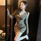 Long-sleeve Cold-shoulder Leopard Print Mini Sheath Dress