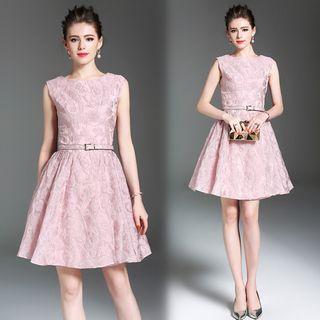 Sleeveless Jacquard A-line Dress With Belt