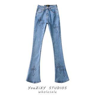 Cross Embroidered High Waist Bootcut Jeans