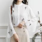 Bell-sleeve Floral Embroidered Chiffon Shirt