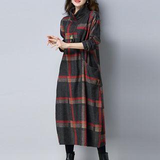 Plaid Long-sleeve Turtleneck Midi Dress