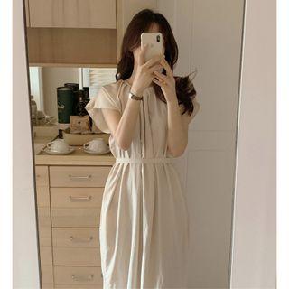 Short Sleeve Round Neck Shirred Long Dress Almond - One Size