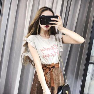 Set: Lettering Frill Trim Sleeveless T-shirt + A-line Lace Skirt