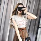 Set: Lettering Frill Trim Sleeveless T-shirt + A-line Lace Skirt