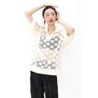 Open-placket Checked Sheer T-shirt Ivory - One Size