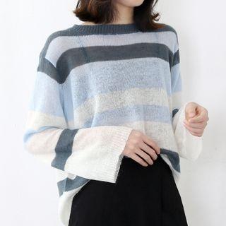 Long-sleeve Striped Knit Top Blue - One Size