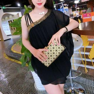 Elbow-sleeve Asymmetric Mini Chiffon Dress