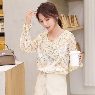 Long-sleeve Ruffled Floral-print Chiffon Top