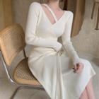 Long-sleeve Midi Sheath Wrap Knit Dress Almond - One Size