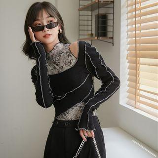 Set: Sleeve Floral Print Mock-neck Top + Long-sleeve Off-shoulder Knit Crop Top