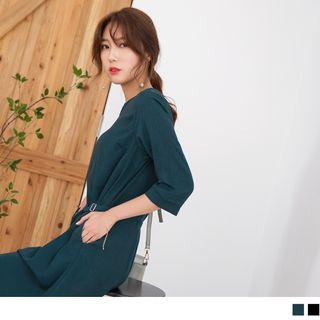 3/4 Sleeve Round Neck Belt Waist Chiffon Dress