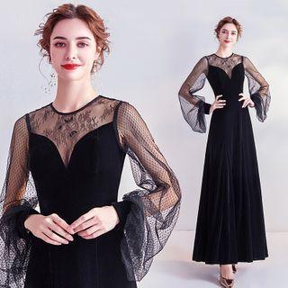 Lantern-sleeve Mesh Panel A-line Evening Gown
