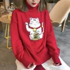 Turtleneck Fortune Cat Applique Sweater Red - One Size